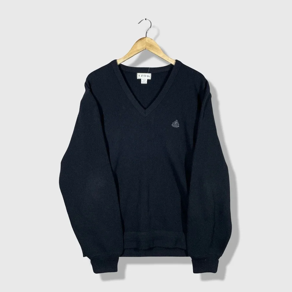 IZOD V-Neck Sweater‎ Mens Large Black Vintage Preppy Minimalist Casual Acrylic